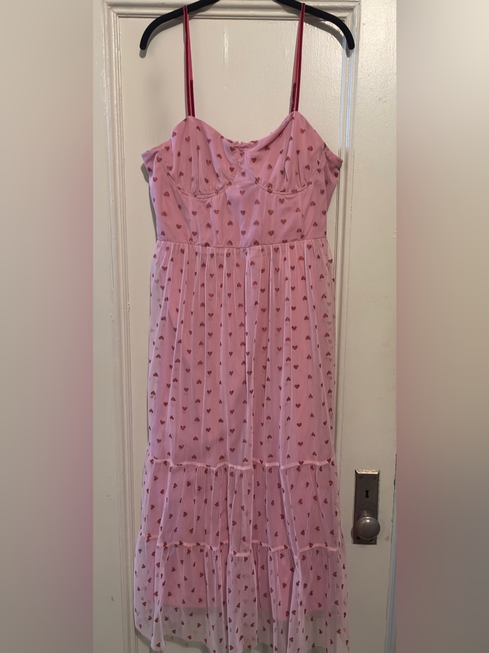 NWT Betsey Johnson Pink Heart Print Tiered Sundress. Size 14. L39.5” x 16.5”W.
